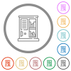 Vintage bookshelf outline flat icons with outlines - Vintage bookshelf outline flat color icons in round outlines on white background