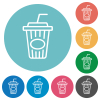 Disposable cup with straw outline flat white icons on round color backgrounds - Disposable cup with straw outline flat round icons