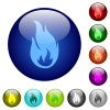 Fire flame icons on round glass buttons in multiple colors. Arranged layer structure - Fire flame color glass buttons