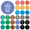 Disposable cup with straw outline multi colored flat icons on round backgrounds. Included white, light and dark icon variations for hover and active status effects, and bonus shades. - Disposable cup with straw outline round flat multi colored icons