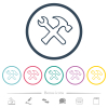 Wrench and hammer outline flat color icons in round outlines. 6 bonus icons included. - Wrench and hammer outline flat color icons in round outlines