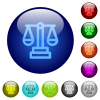 Justice scale outline icons on round glass buttons in multiple colors. Arranged layer structure - Justice scale outline color glass buttons