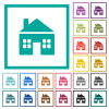 Cottage solid flat color icons with quadrant frames on white background - Cottage solid flat color icons with quadrant frames