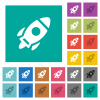 Launched rocket solid multi colored flat icons on plain square backgrounds. Included white and darker icon variations for hover or active effects. - Launched rocket solid square flat multi colored icons