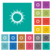 Sun and sunbeams multi colored flat icons on plain square backgrounds. Included white and darker icon variations for hover or active effects.