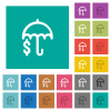 Financial protection outline multi colored flat icons on plain square backgrounds. Included white and darker icon variations for hover or active effects.