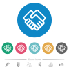Handshake outline flat white icons on round color backgrounds. 6 bonus icons included.