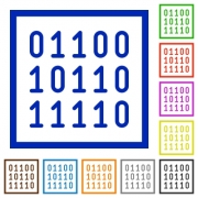 Set of color square framed Binary code flat icons on white background - Binary code framed flat icons