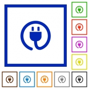 Set of color square framed Power cord flat icons on white background - Power cord framed flat icons