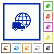 Set of color square framed International transport flat icons on white background - International transport framed flat icons
