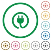 Set of power cord color round outlined flat icons on white background - Power cord outlined flat icons