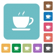 Flat coffee icons on rounded square color backgrounds. - Flat coffee icons