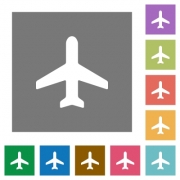 Airplane flat icon set on color square background. - Airplane square flat icons