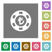Turkish Lira casino chip flat icons on simple color square background. - Turkish Lira casino chip square flat icons