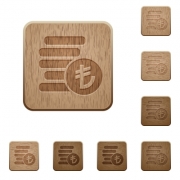 Turkish Lira coins icons in carved wooden button styles - Turkish Lira coins wooden buttons