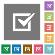 Checked box flat icons on simple color square background. - Checked box square flat icons