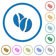 Coffe beans flat color vector icons with shadows in round outlines on white background - Coffe beans icons with shadows and outlines