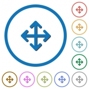 Move arrows flat color vector icons with shadows in round outlines on white background - Move arrows icons with shadows and outlines