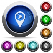 Parcel delivery GPS map location icons in round glossy buttons with steel frames - Parcel delivery GPS map location round glossy buttons - Large thumbnail