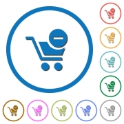 Remove item from cart flat color vector icons with shadows in round outlines on white background - Remove item from cart icons with shadows and outlines - Large thumbnail