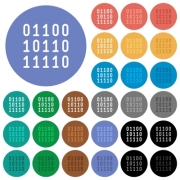 Binary code multi colored flat icons on round backgrounds. Included white, light and dark icon variations for hover and active status effects, and bonus shades on black backgounds. - Binary code round flat multi colored icons
