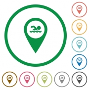 Swimming pool GPS map location flat color icons in round outlines on white background - Swimming pool GPS map location flat icons with outlines