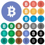 Bitcoin sign multi colored flat icons on round backgrounds. Included white, light and dark icon variations for hover and active status effects, and bonus shades on black backgounds. - Bitcoin sign round flat multi colored icons