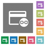 Attach credit card to account flat icons on simple color square backgrounds