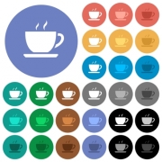 Cup of coffee multi colored flat icons on round backgrounds. Included white, light and dark icon variations for hover and active status effects, and bonus shades on black backgounds. - Cup of coffee round flat multi colored icons