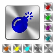 Bomb with sparkling fuse engraved icons on rounded square glossy steel buttons - Bomb with sparkling fuse rounded square steel buttons