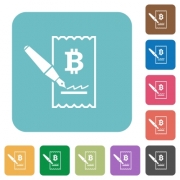 Signing Bitcoin cheque white flat icons on color rounded square backgrounds - Signing Bitcoin cheque rounded square flat icons