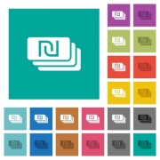 New Shekel banknotes multi colored flat icons on plain square backgrounds. Included white and darker icon variations for hover or active effects. - New Shekel banknotes square flat multi colored icons