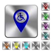 Disability accessibility GPS map location engraved icons on rounded square glossy steel buttons - Disability accessibility GPS map location rounded square steel buttons
