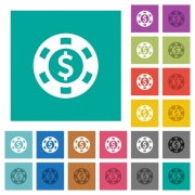 Dollar casino chip multi colored flat icons on plain square backgrounds. Included white and darker icon variations for hover or active effects. - Dollar casino chip square flat multi colored icons