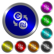 Euro new Shekel money exchange icons on round luminous coin-like color steel buttons - Euro new Shekel money exchange luminous coin-like round color buttons