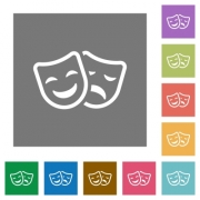 Comedy and tragedy theatrical masks flat icons on simple color square backgrounds - Comedy and tragedy theatrical masks square flat icons