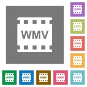 WMV movie format flat icons on simple color square backgrounds - WMV movie format square flat icons - Large thumbnail