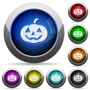 Halloween pumpkin icons in round glossy buttons with steel frames - Halloween pumpkin round glossy buttons