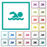 Swimming man flat color icons with quadrant frames on white background - Swimming man flat color icons with quadrant frames