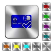 Accept credit card engraved icons on rounded square glossy steel buttons - Accept credit card rounded square steel buttons