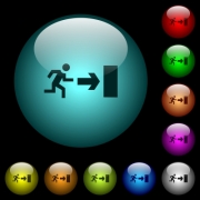 Exit sign icons in color illuminated spherical glass buttons on black background. Can be used to black or dark templates - Exit sign icons in color illuminated glass buttons