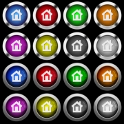 Home white icons in round glossy buttons with steel frames on black background. The buttons are in two different styles and eight colors. - Home white icons in round glossy buttons on black background