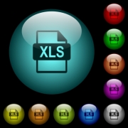 XLS file format icons in color illuminated spherical glass buttons on black background. Can be used to black or dark templates - XLS file format icons in color illuminated glass buttons