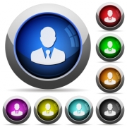 Businessman avatar color glass buttons icons in round glossy buttons with steel frames - Businessman avatar color glass buttons round glossy buttons