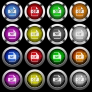 GIF file format white icons in round glossy buttons with steel frames on black background. The buttons are in two different styles and eight colors.