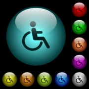 Disability icons in color illuminated spherical glass buttons on black background. Can be used to black or dark templates - Disability icons in color illuminated glass buttons