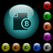 Bitcoin financial report icons in color illuminated spherical glass buttons on black background. Can be used to black or dark templates - Bitcoin financial report icons in color illuminated glass buttons