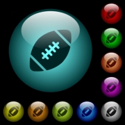Rugby ball icons in color illuminated spherical glass buttons on black background. Can be used to black or dark templates - Rugby ball icons in color illuminated glass buttons