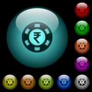 Indian Rupee casino chip icons in color illuminated spherical glass buttons on black background. Can be used to black or dark templates - Indian Rupee casino chip icons in color illuminated glass buttons