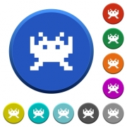 Video game round color beveled buttons with smooth surfaces and flat white icons - Video game beveled buttons